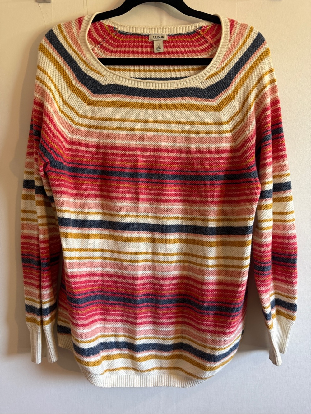 L.L.Bean Women’s Large Striped Cotton Sweater Pink Mustard Navy Crewneck